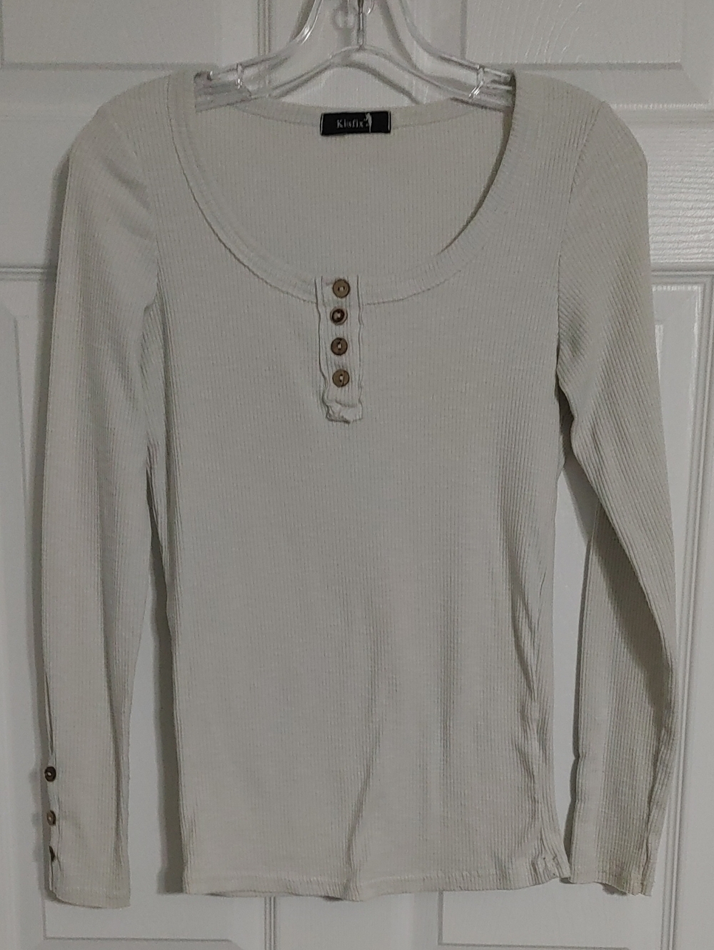 Kissfix Ribbed Henley Long Sleeve Top in Cream Granola Size XS-Sm